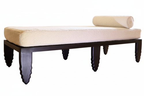 Shark Daybed in Black Ash with cream bouclé upholstered mattress and bolster, handcrafted by Alexander And Jones